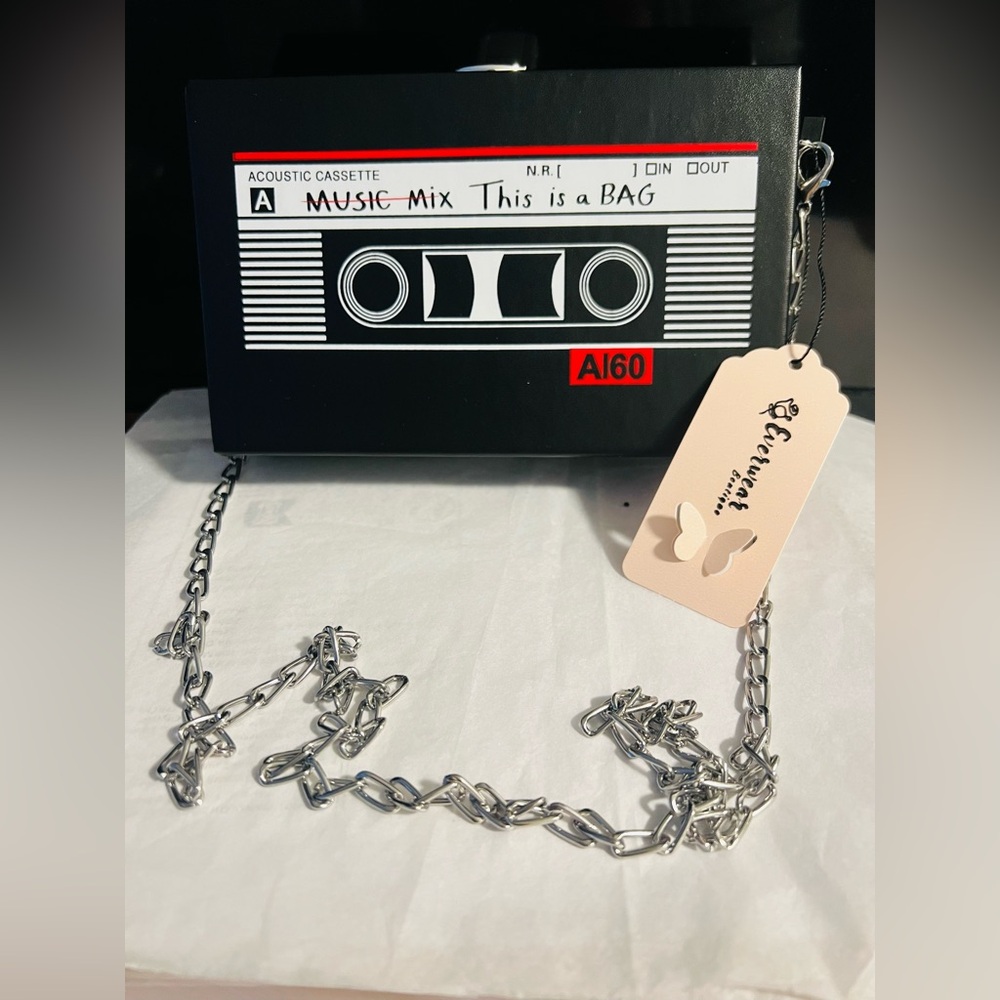 Retro Cassette Tape Black Bag with Silver Chain